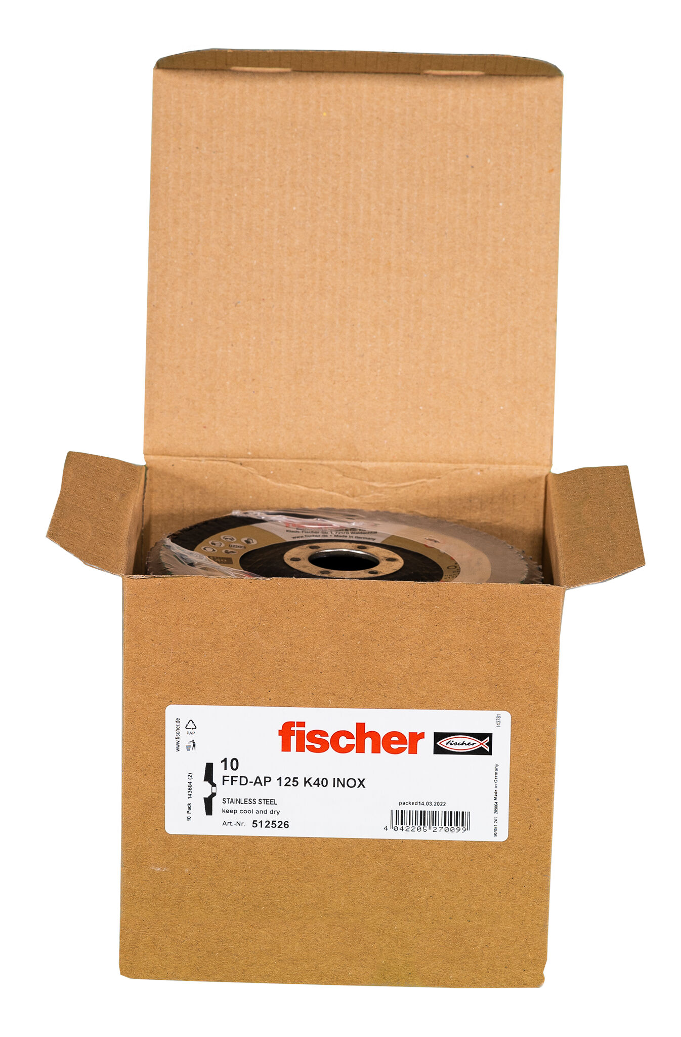 Packaging: "Disc lamelar fischer FFD-AP 125 K40 pentru inox"