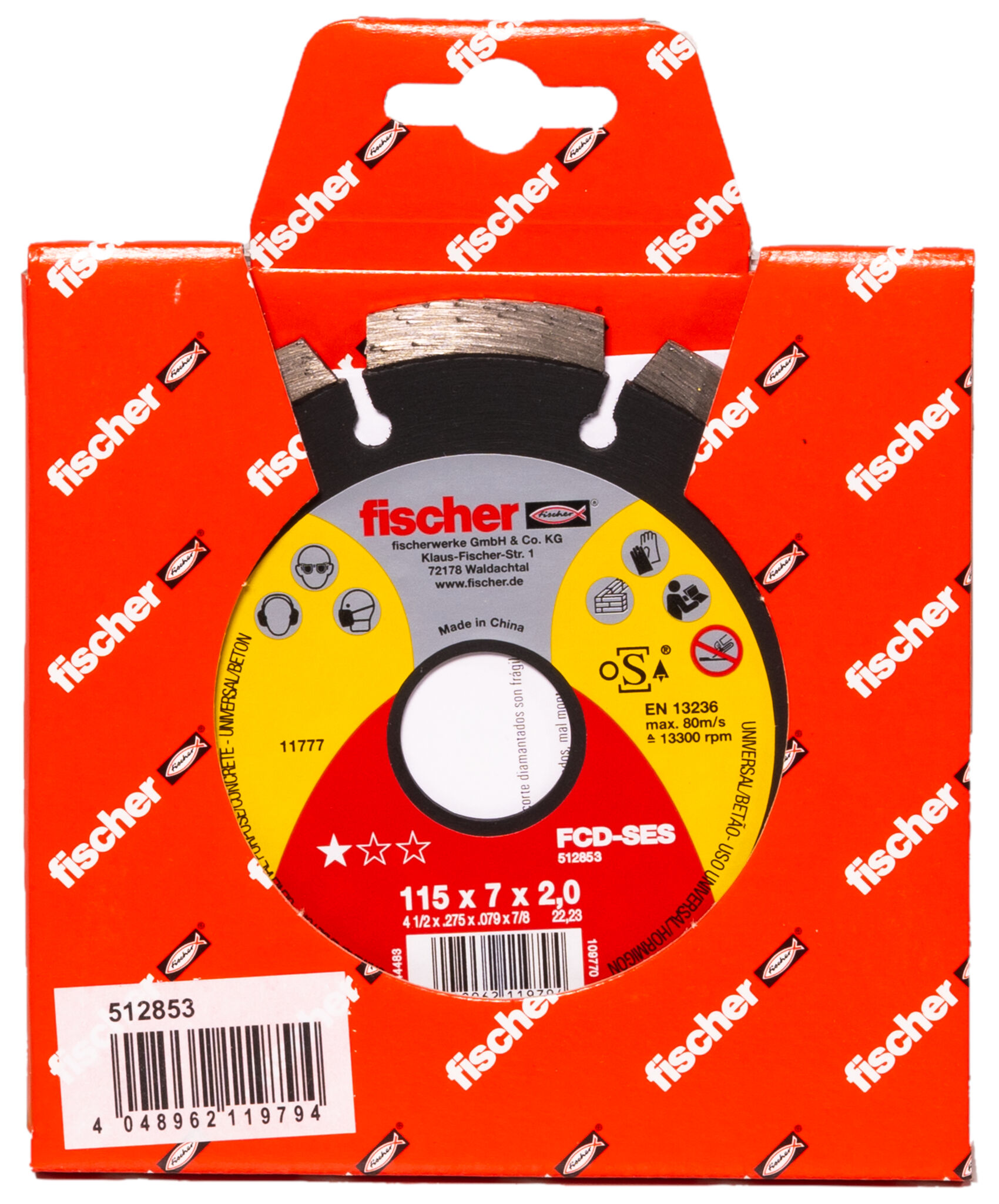 Packaging: "fischer cutting disc FCD-SES 115 x 2.0 x 22.23 diamond"