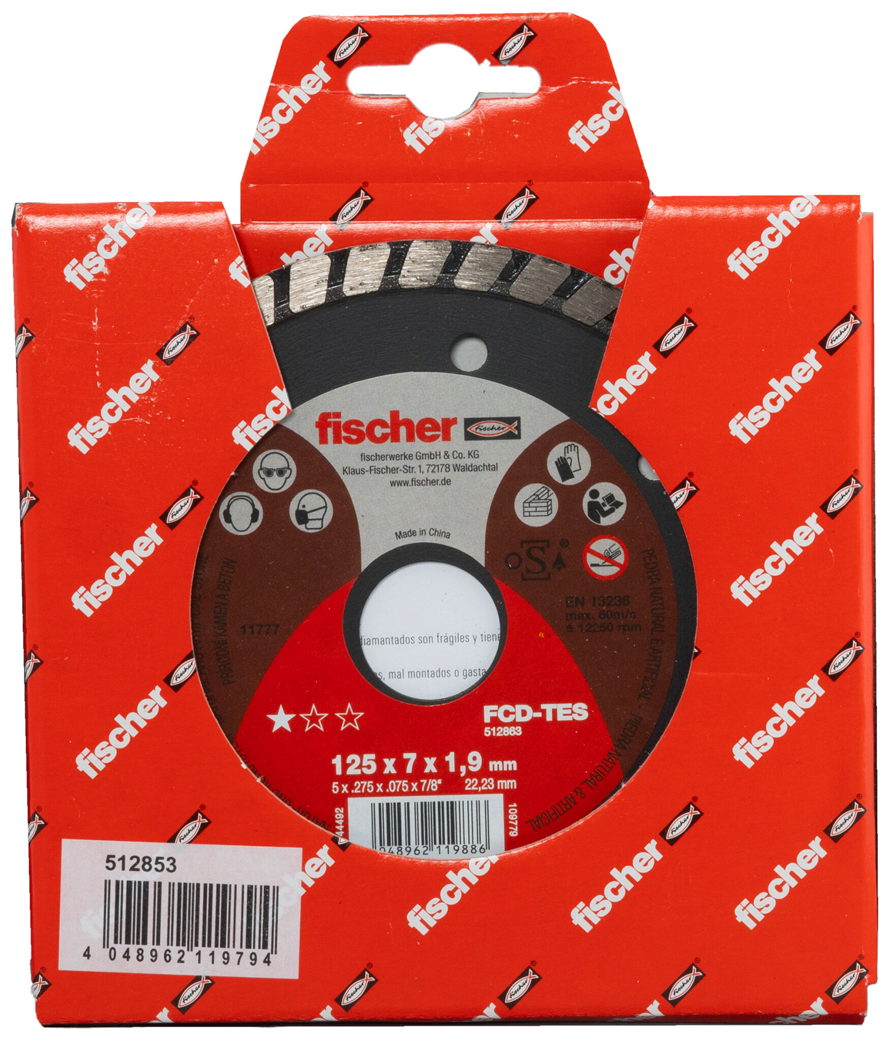 Packaging: "fischer cutting disc FCD-TES 125 x 1.9 x 22.23 diamond"