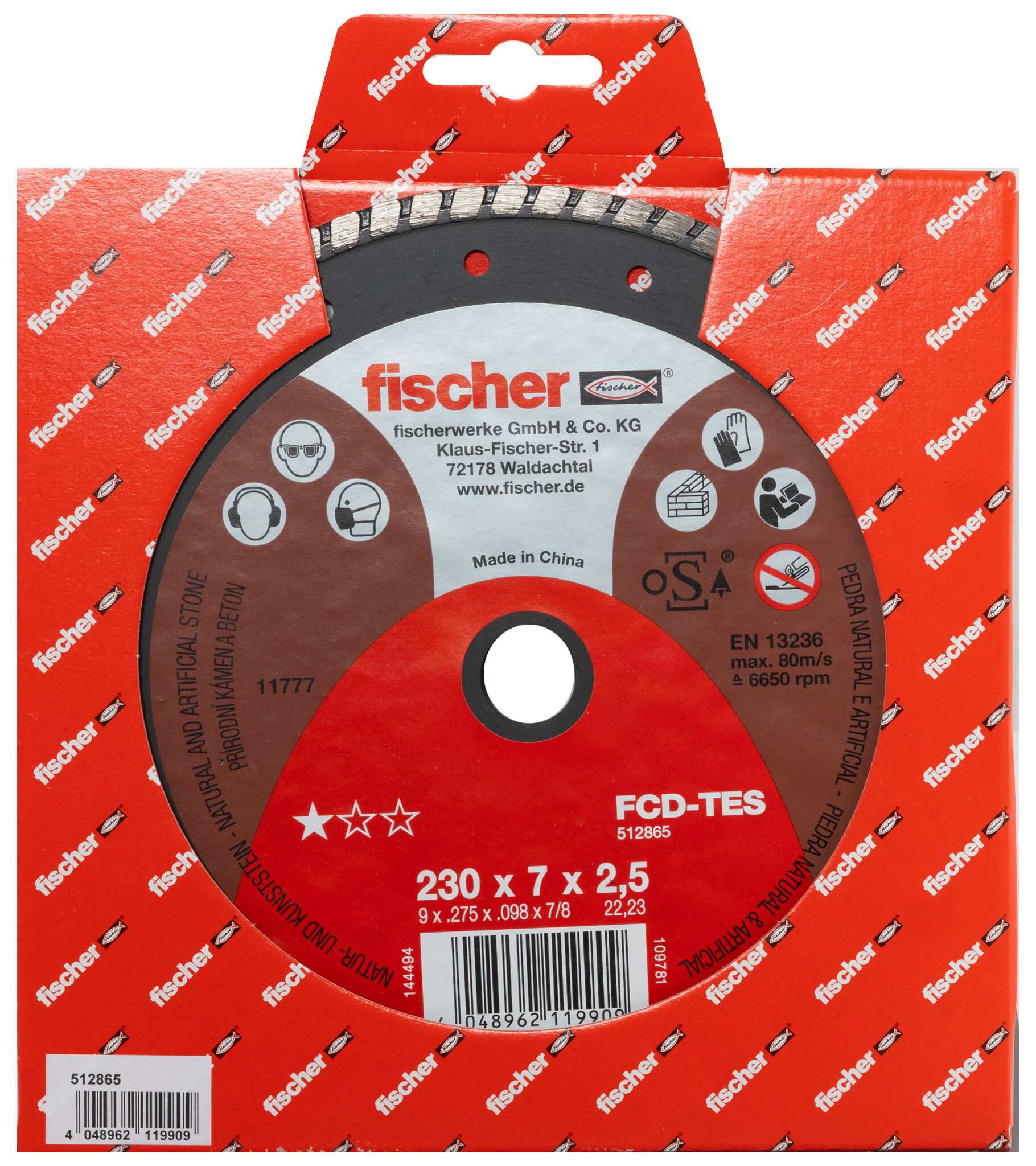 Packaging: "fischer cutting disc FCD-TES 230 x 2.5 x 22.23 diamond"