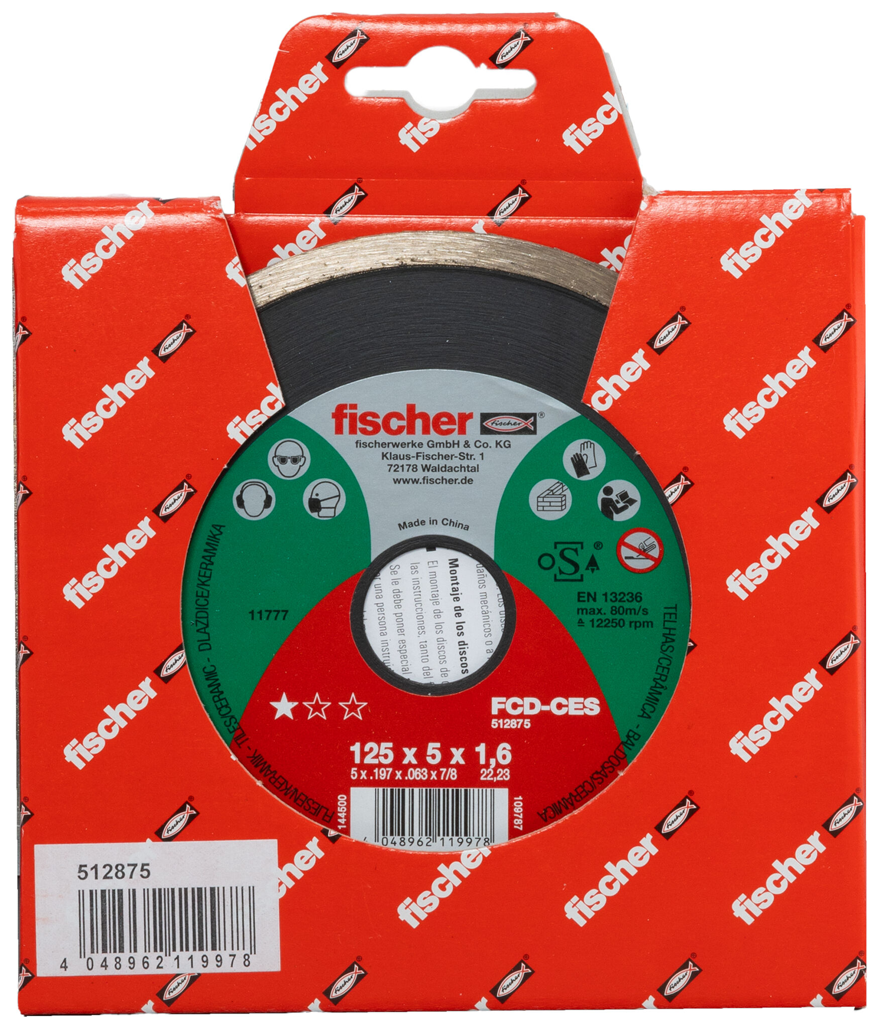 Packaging: "fischer celoobvodový diamantový rezný kotúč FCD-CES 125 x 1,6 x 22,23 DIA"