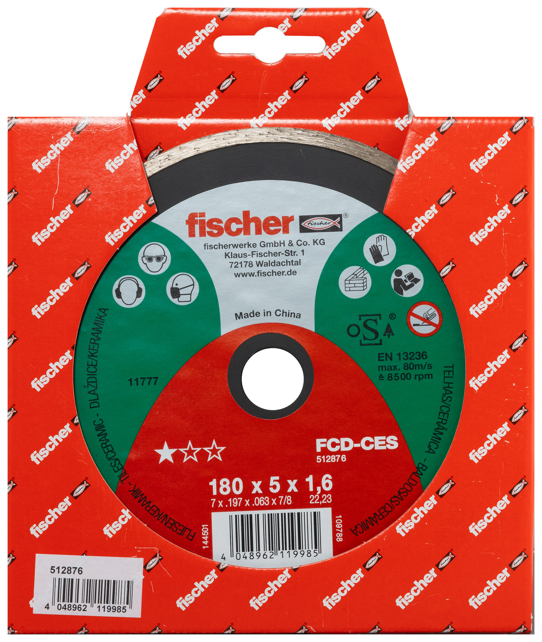 Packaging: "fischer celoobvodový diamantový rezný kotúč FCD-CES 180 x 1,6 x 22,23 DIA"