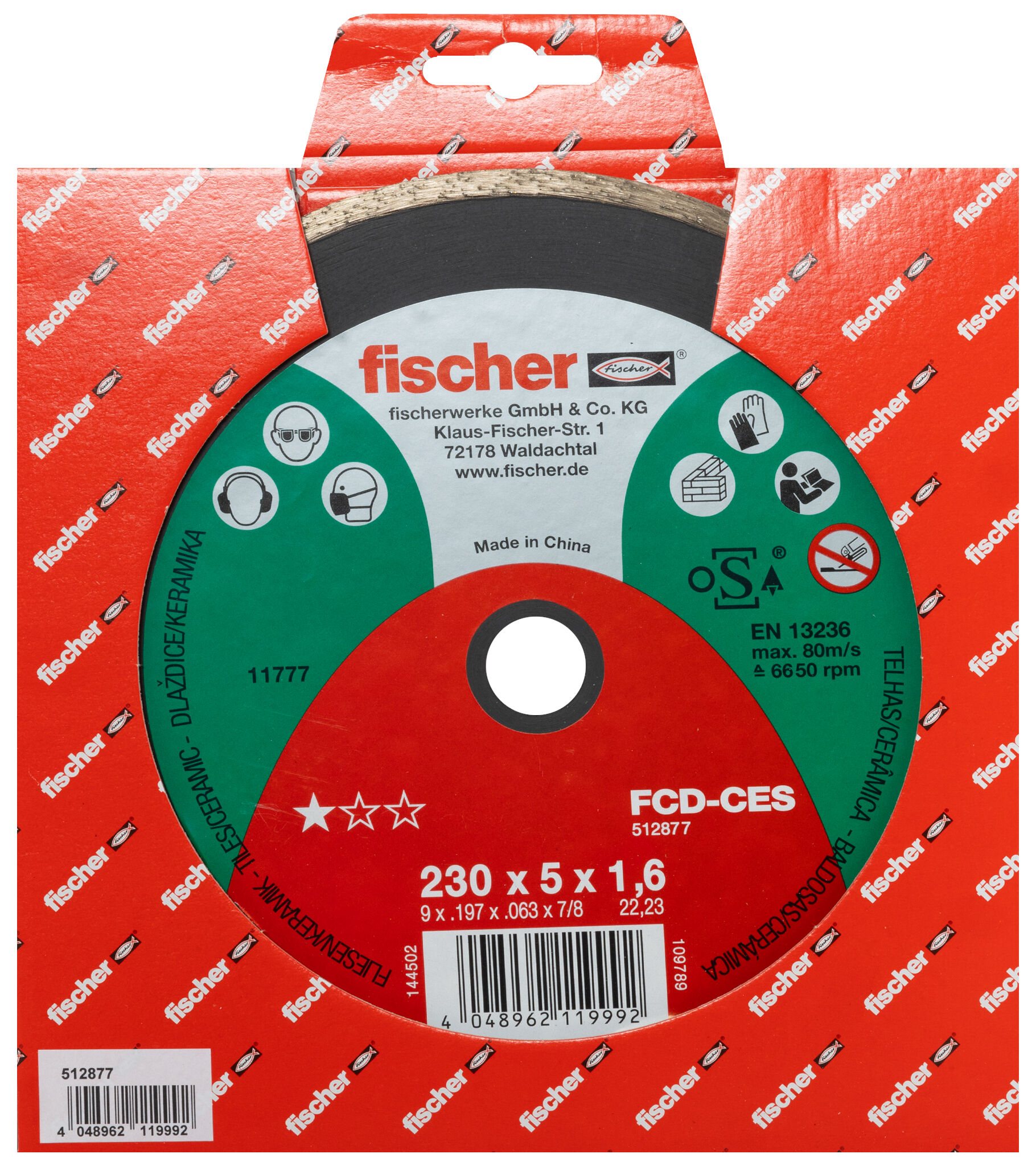 Packaging: "fischer celoobvodový diamantový rezný kotúč FCD-CES 230 x 1,6 x 22,23 DIA"