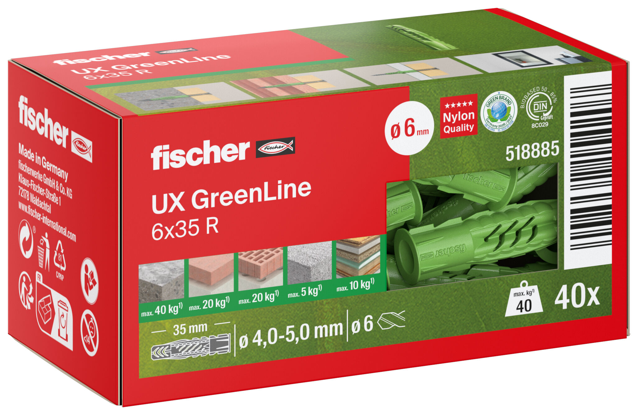 Packaging: "fischer Evrensel tapa UX Green 6 x 35 R kenarlı"