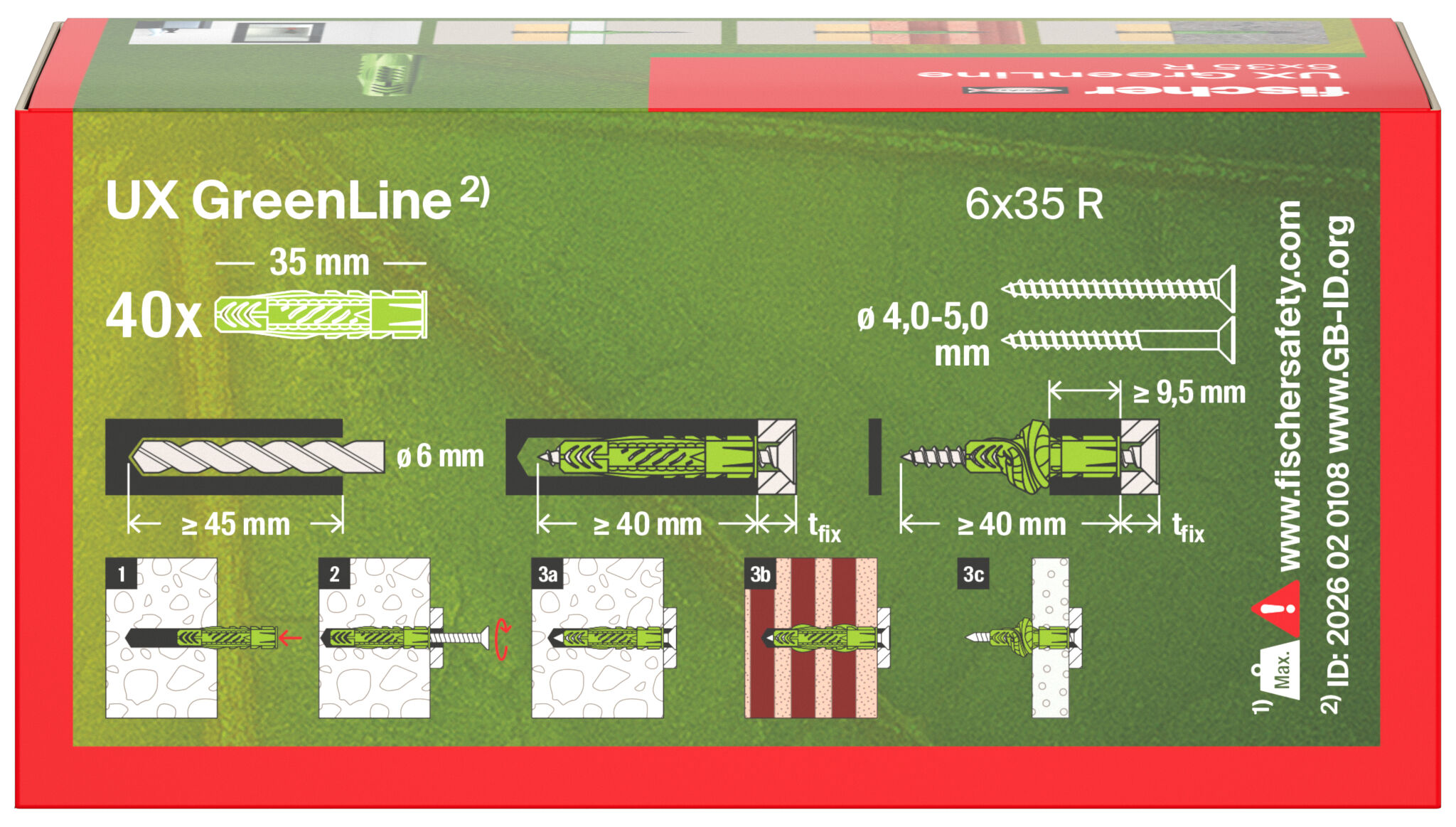 Packaging: "fischer Evrensel tapa UX Green 6 x 35 R kenarlı"