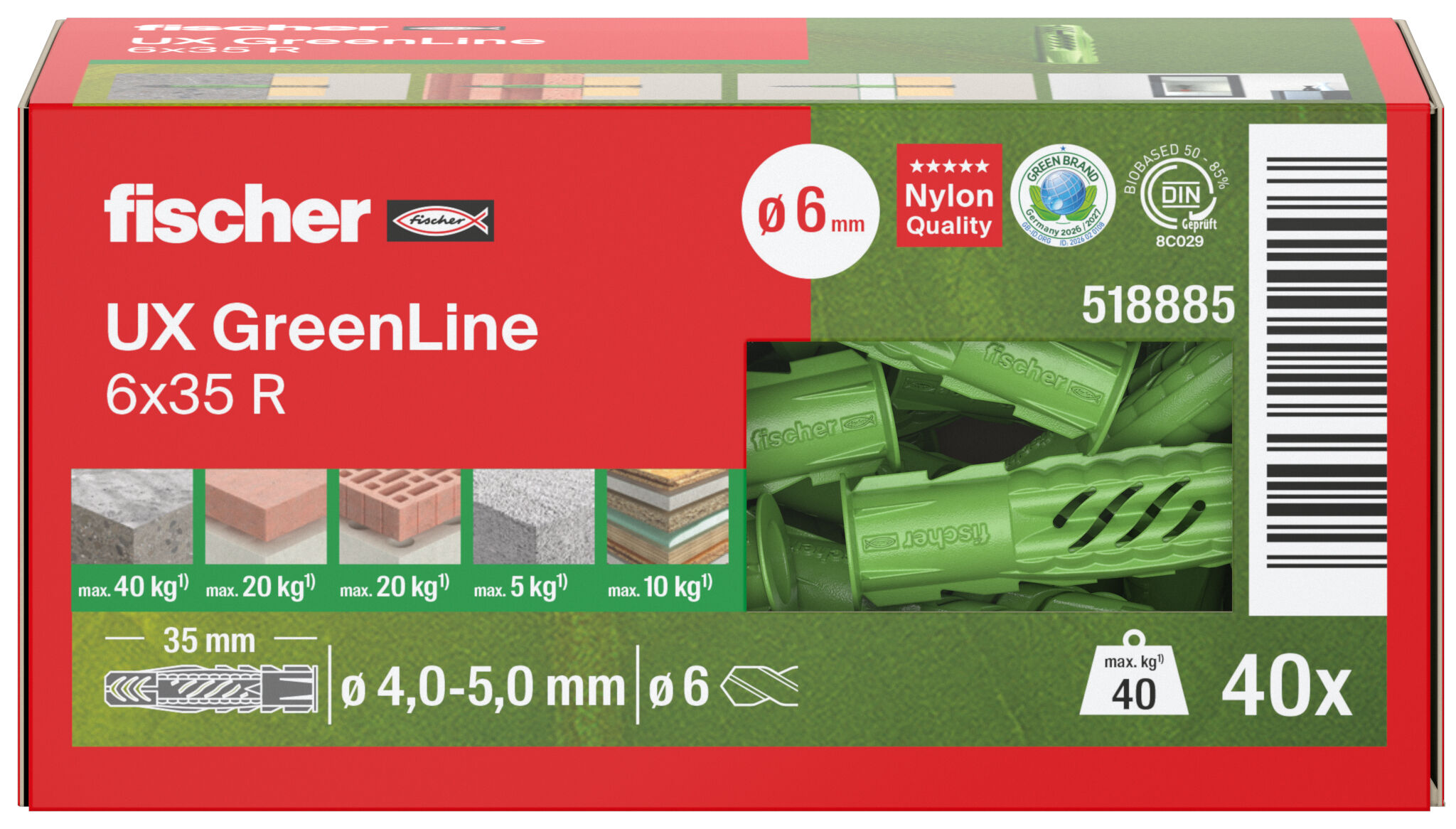 Packaging: "fischer Evrensel tapa UX Green 6 x 35 R kenarlı"