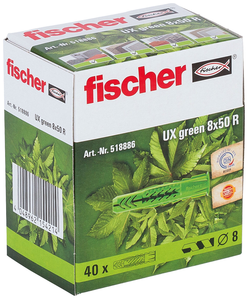 Packaging: "fischer Universal plug UX Green 8 x 50 R with rim"