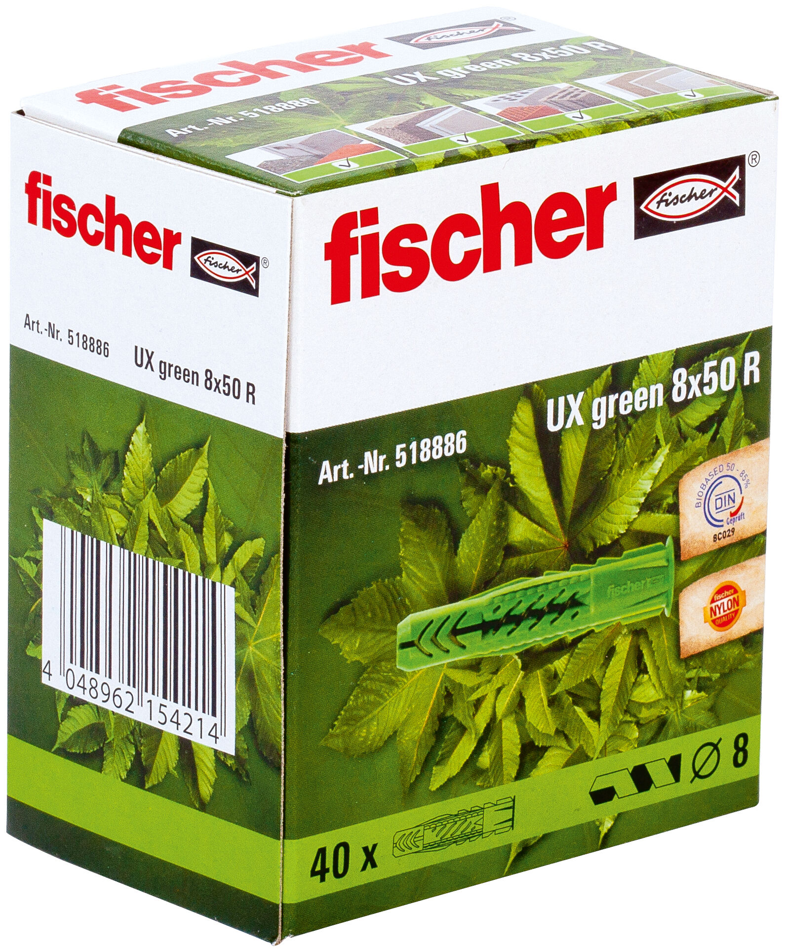 Packaging: "fischer Universal plug UX Green 8 x 50 R with rim"