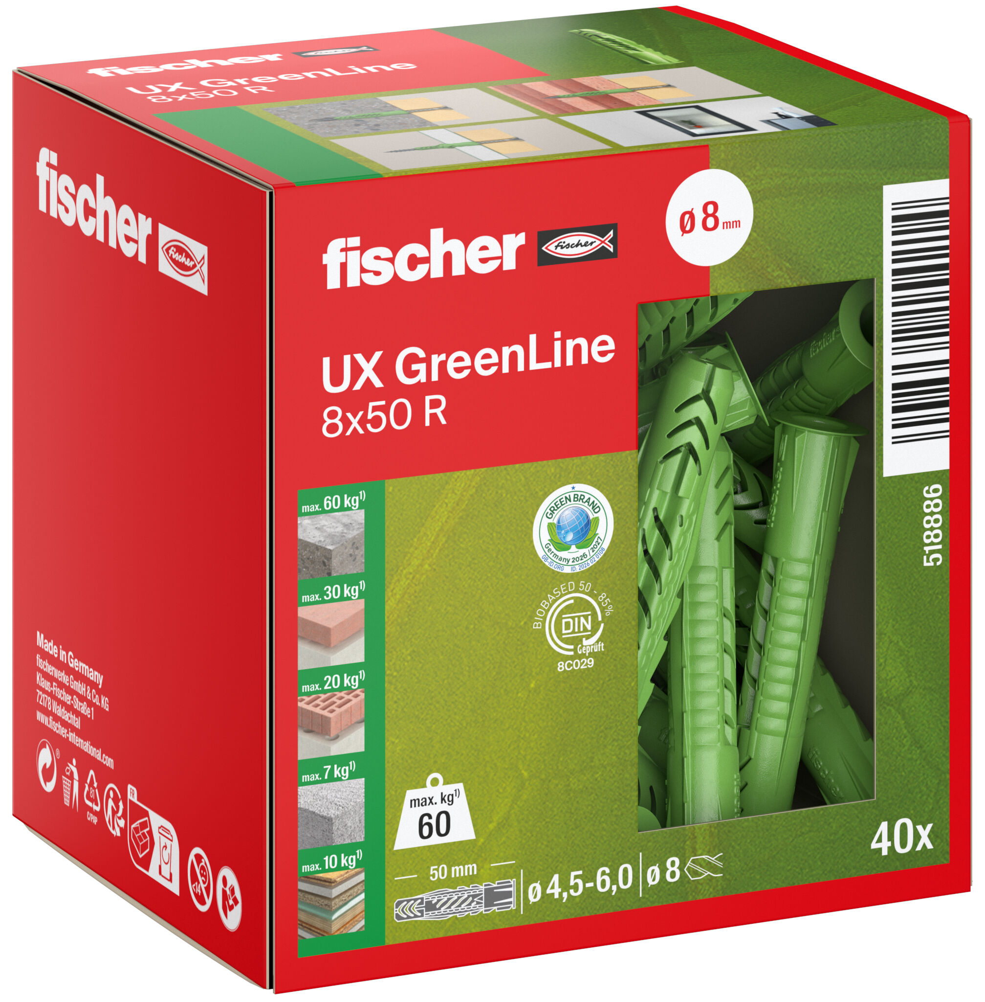 Packaging: "fischer univerzális dübel UX Green 8 x 50 R peremmel"