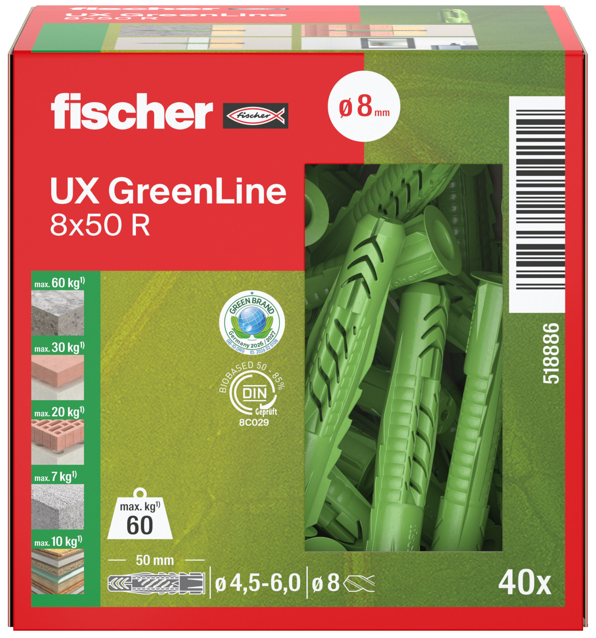 Packaging: "fischer univerzális dübel UX Green 8 x 50 R peremmel"