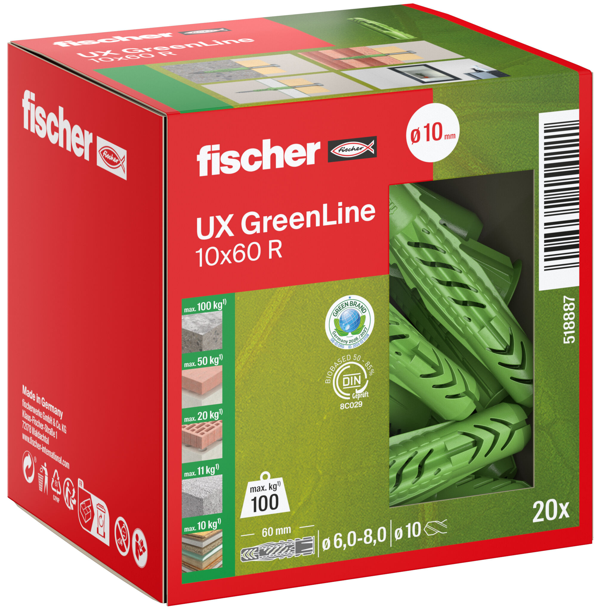 Packaging: "fischer universal plug UX GreenLine 10 x 60 R with rim"