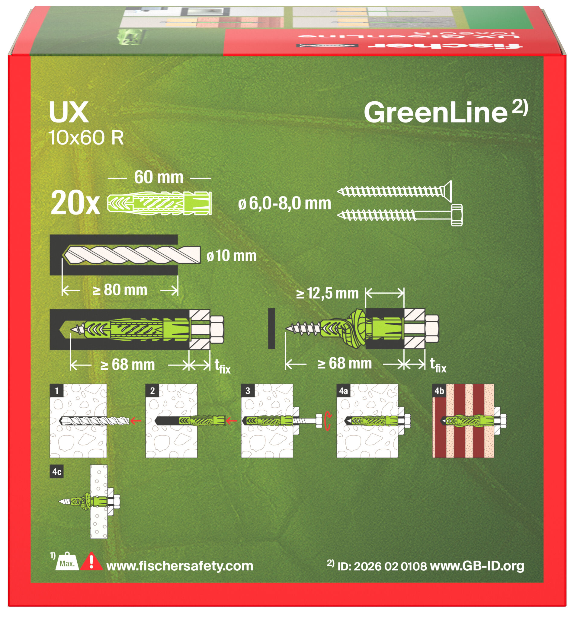 Packaging: "fischer universal plug UX GreenLine 10 x 60 R with rim"