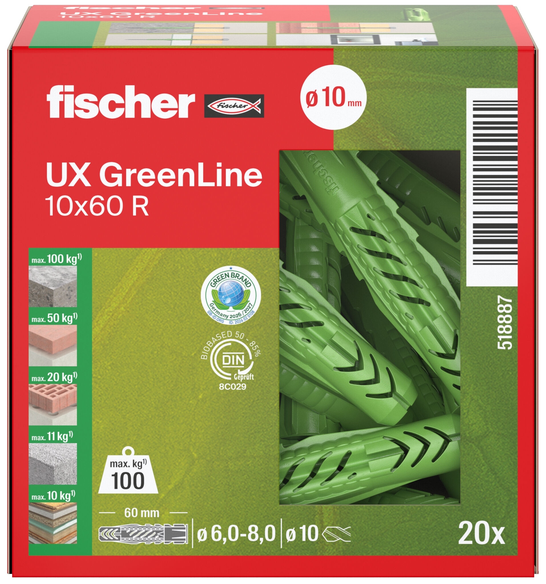 Packaging: "fischer universal plug UX GreenLine 10 x 60 R with rim"