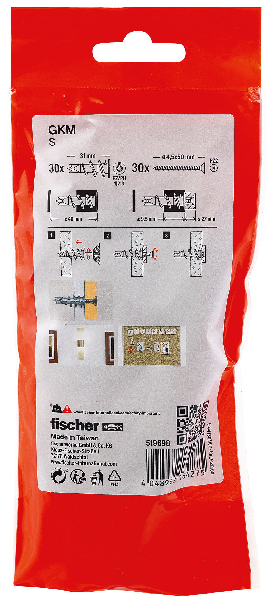 Packaging: "Cheville métallique pour carton-plâtre GKM-SF /30B avec vis à tête fraisée"