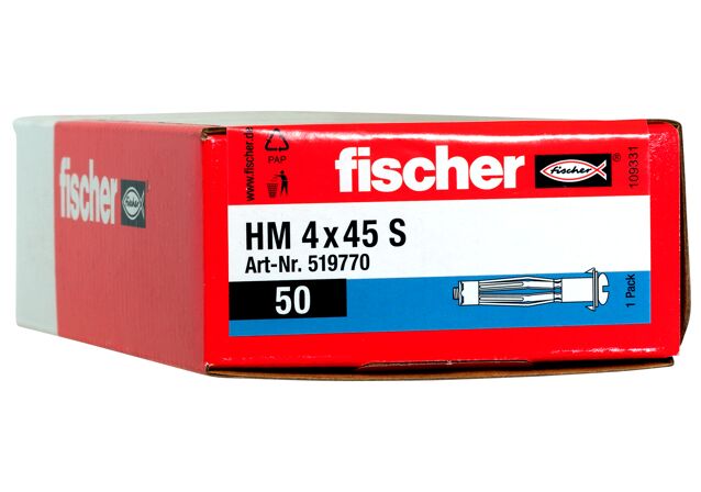 Verpackung: "fischer Hohlraum-Metalldübel HM 4 x 45 S mit metrischer Schraube"