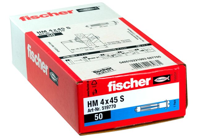 Verpackung: "fischer Hohlraum-Metalldübel HM 4 x 45 S mit metrischer Schraube"