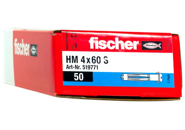 Verpackung: "fischer Hohlraum-Metalldübel HM 4 x 60 S mit metrischer Schraube"