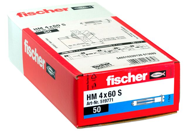 Verpackung: "fischer Hohlraum-Metalldübel HM 4 x 60 S mit metrischer Schraube"