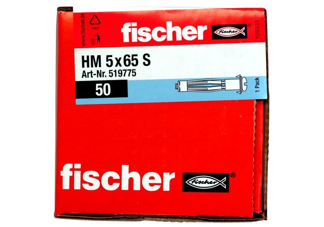 Verpackung: "fischer Hohlraum-Metalldübel HM 5 x 65 S mit metrischer Schraube"