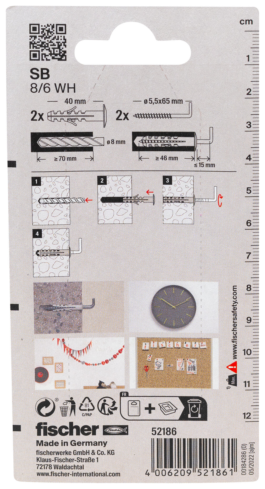 Packaging: "fischer Expansion plug SB 8/6 K with angle hook SB-card"