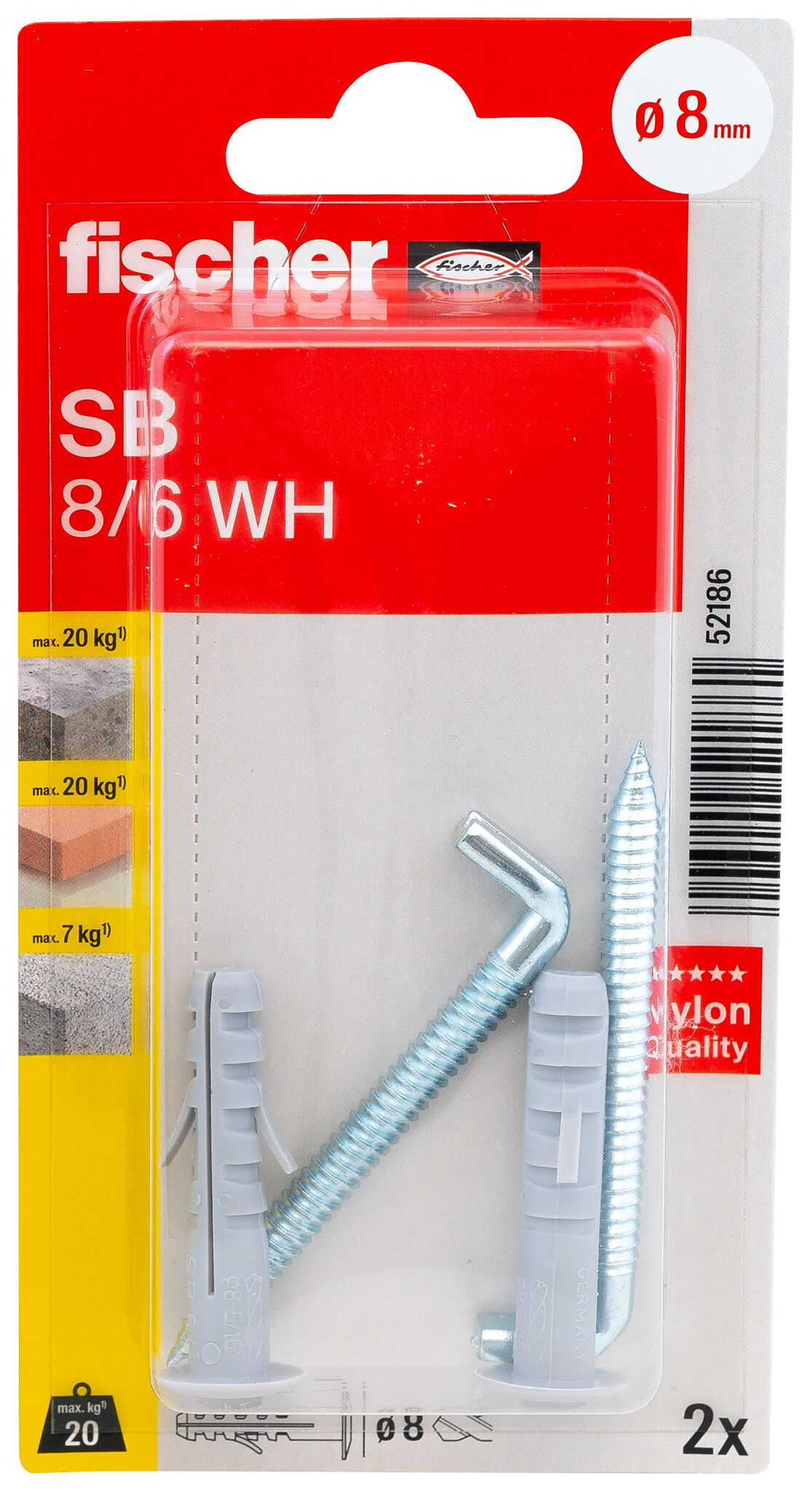 Packaging: "fischer Expansion plug SB 8/6 K with angle hook SB-card"