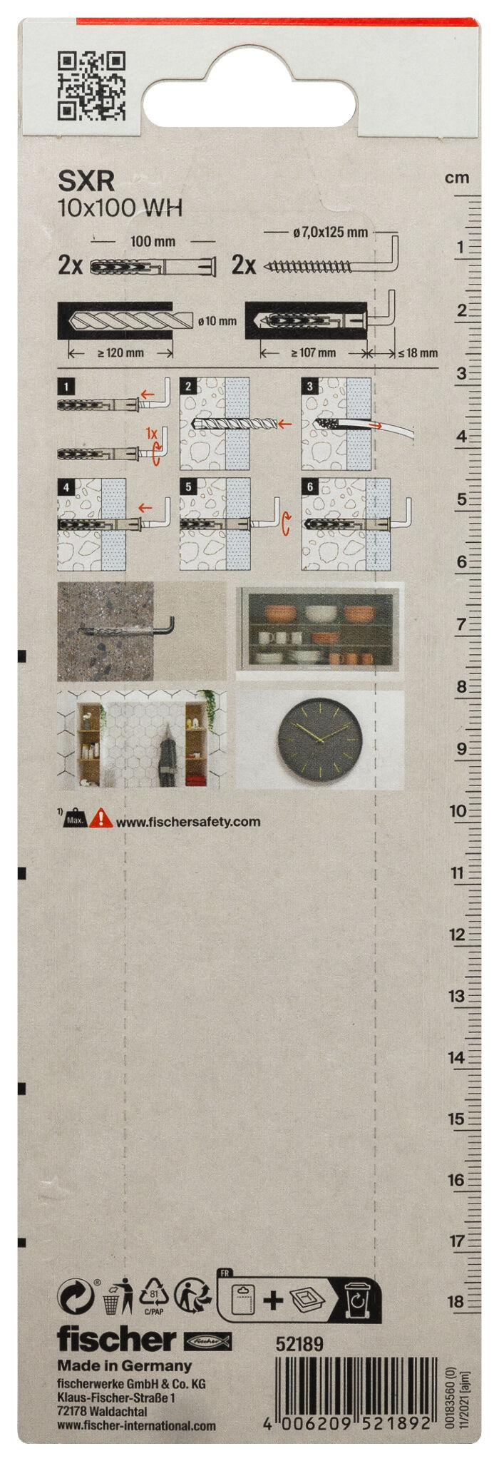 Verpackung: "fischer Langschaftdübel SXR 10 x 100 WH mit Winkelhaken"
