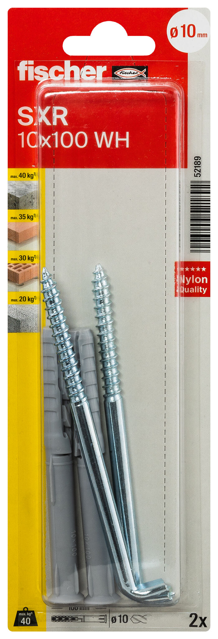 Verpackung: "fischer Langschaftdübel SXR 10 x 100 WH mit Winkelhaken"