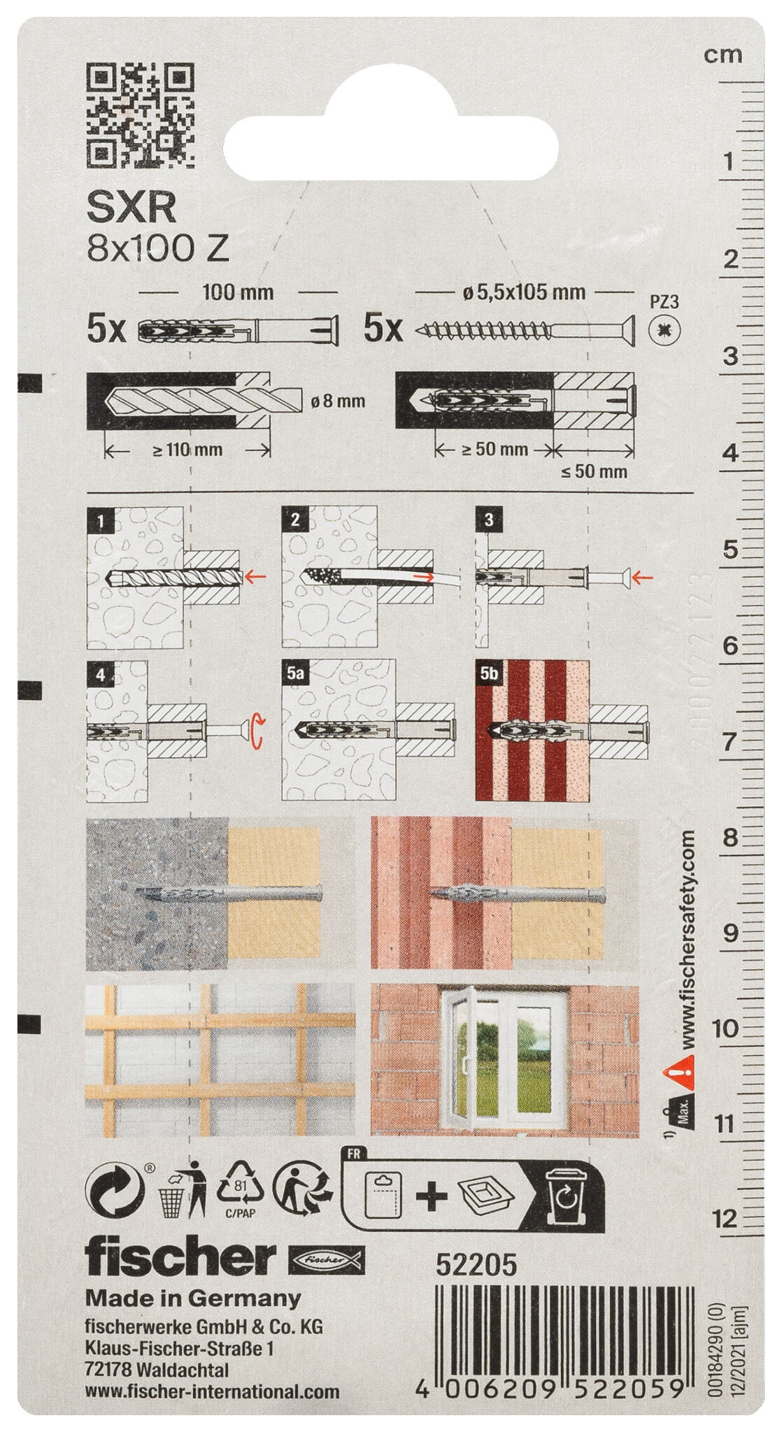 Verpackung: "fischer Langschaftdübel SXR 8 x 100 Z Senkkopfschraube (PZ)"