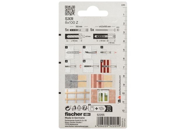 Packaging: "fischer Frame fixing SXR 8 x 100 Z with countersunk wood screw K SB-card"
