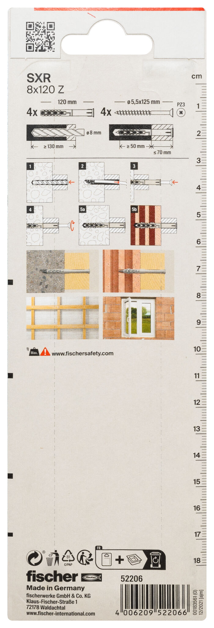 Verpackung: "fischer Langschaftdübel SXR 8 x 120 Z Senkkopfschraube (PZ)"