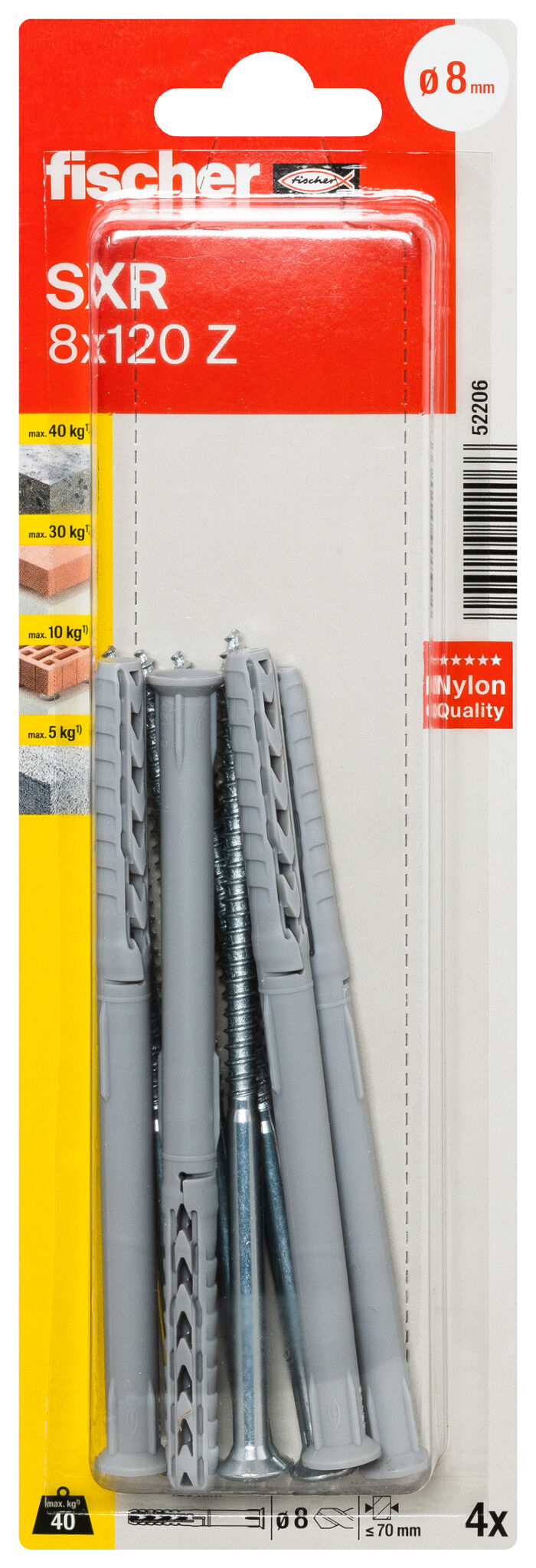 Verpackung: "fischer Langschaftdübel SXR 8 x 120 Z Senkkopfschraube (PZ)"