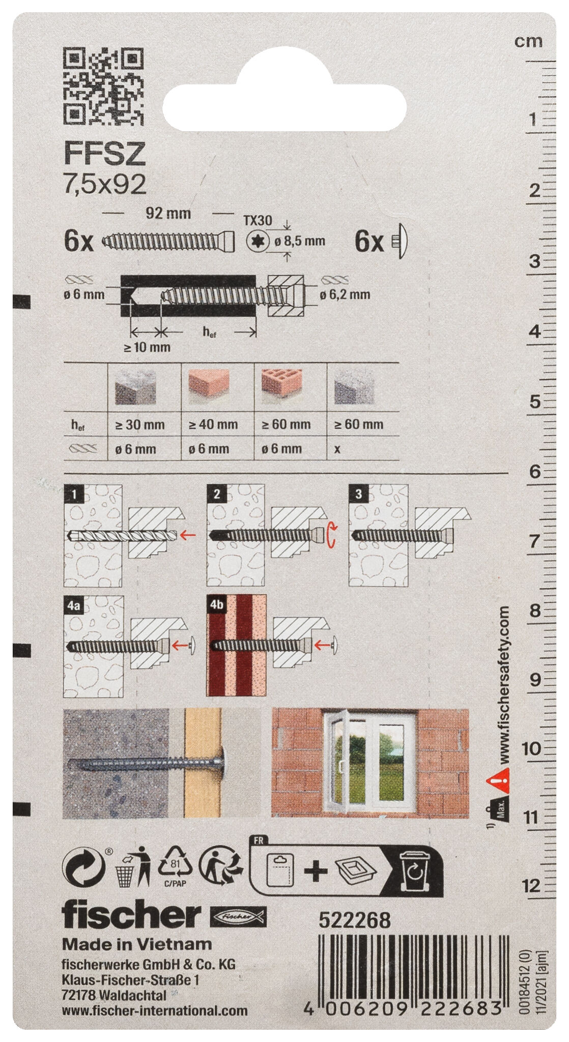 Packaging: "fischer Kozijnschroef FFSZ 7,5 x 92 TX30 met cilinderkop"