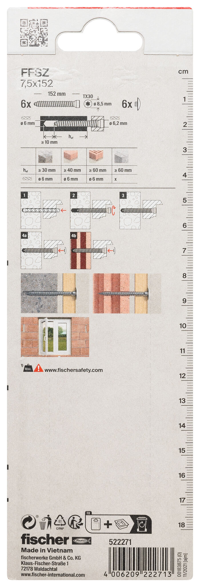 Packaging: "피셔 창문 프레임 스크류 FFSZ 7.5 x 152 TX30K SB-card 원통형 머리"