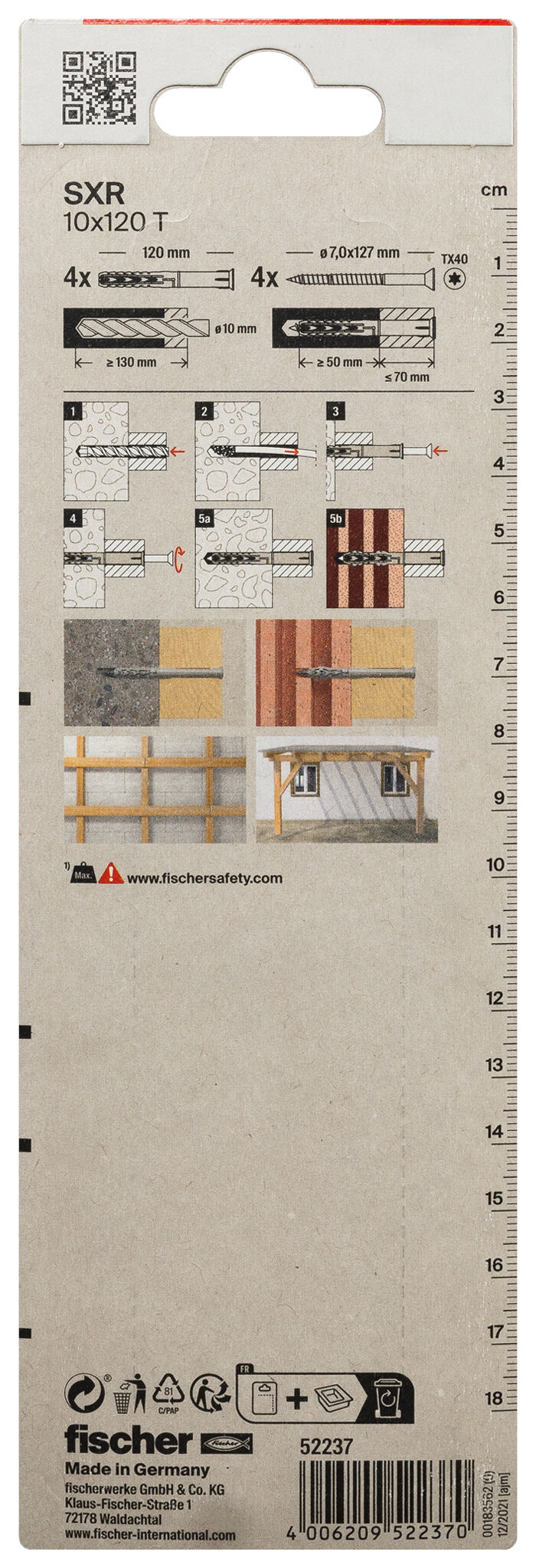 Verpackung: "fischer Langschaftdübel SXR 10 x 120 T Senkkopfschraube"