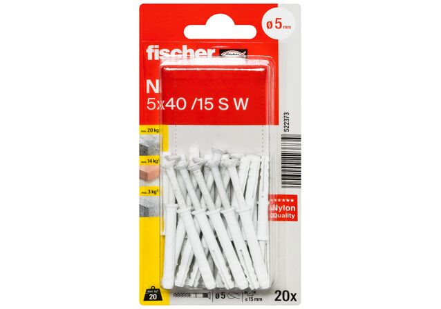 Packaging: "fischer natĺkacia hmoždinka N 5 x 40 W so zápustnou hlavou K NV"