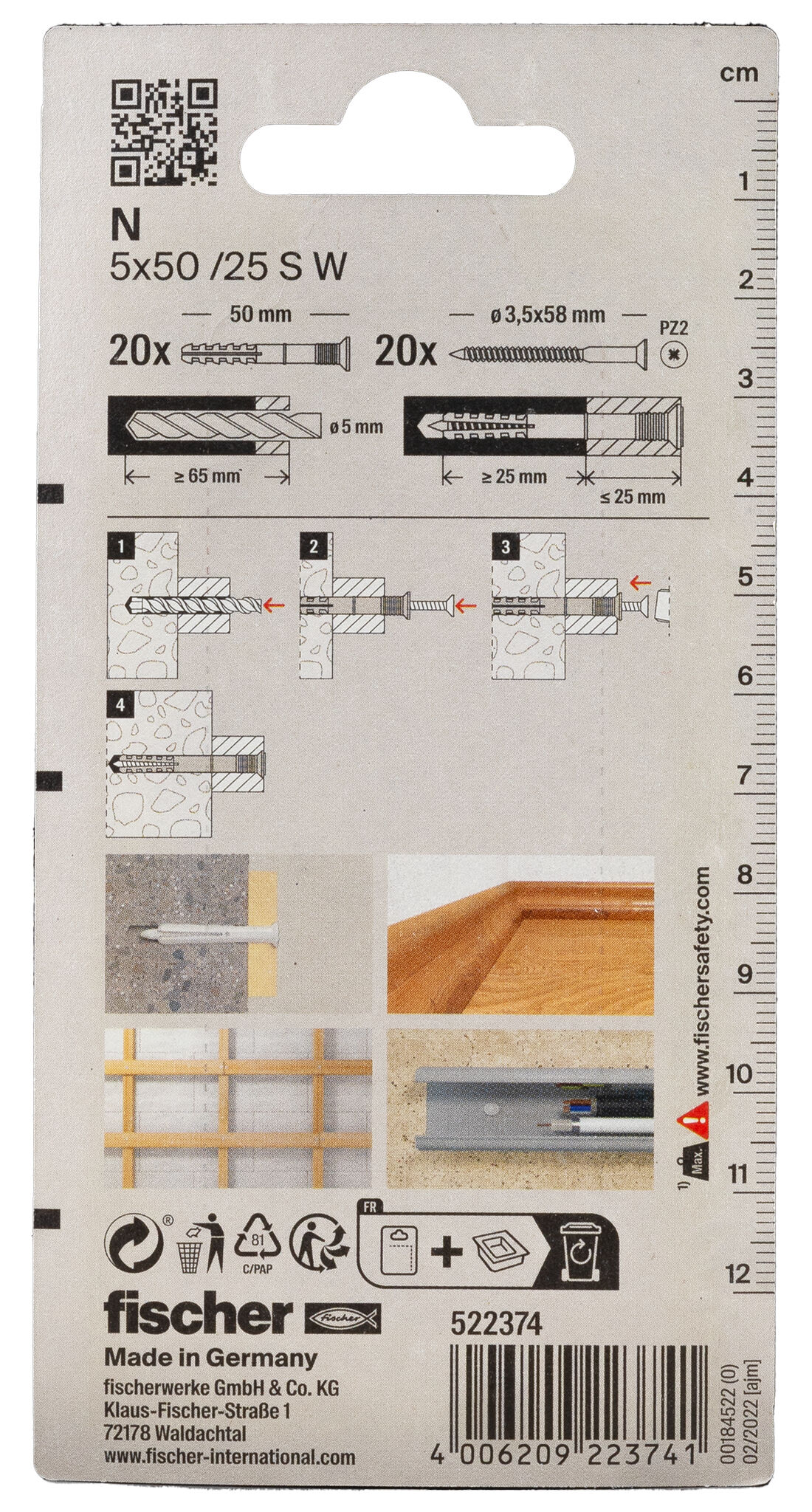 Packaging: "fischer natĺkacia hmoždinka N 5 x 50 W so zápustnou hlavou K NV"