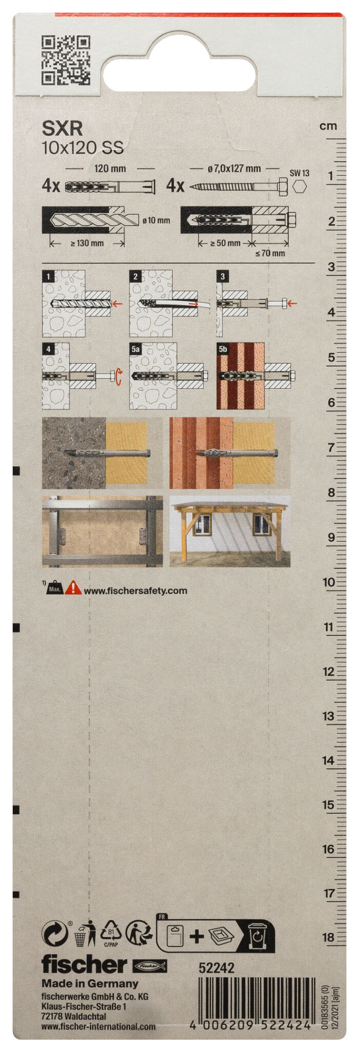 Packaging: "fischer Frame fixing SXR 10 x 120 SS K with hexagonal screw"