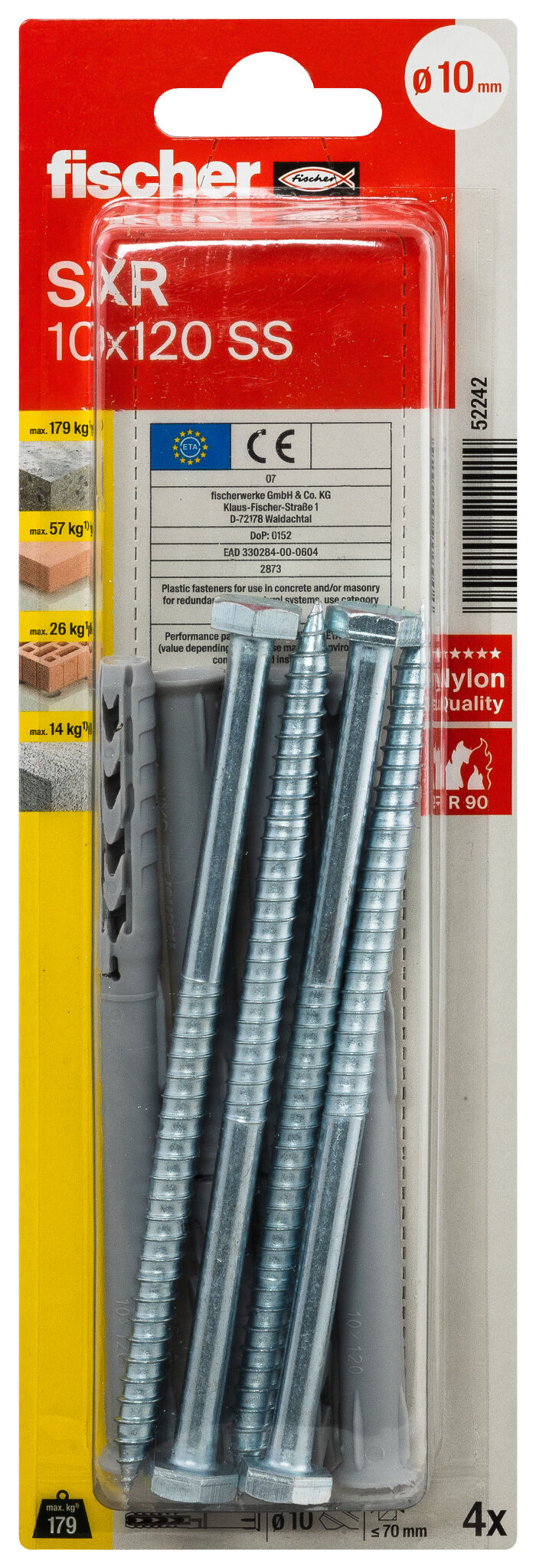 Packaging: "fischer Frame fixing SXR 10 x 120 SS K with hexagonal screw"