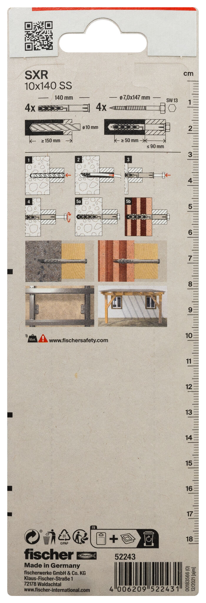 Packaging: "fischer Frame fixing SXR 10 x 140 SS K with hexagonal screw"