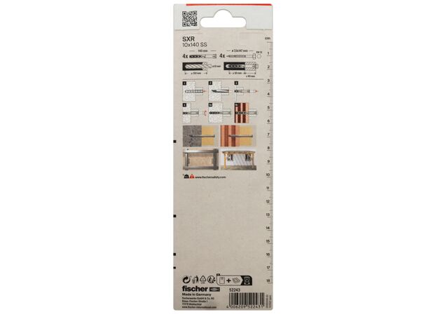 Packaging: "fischer Frame fixing SXR 10 x 140 SS K with hexagonal screw"