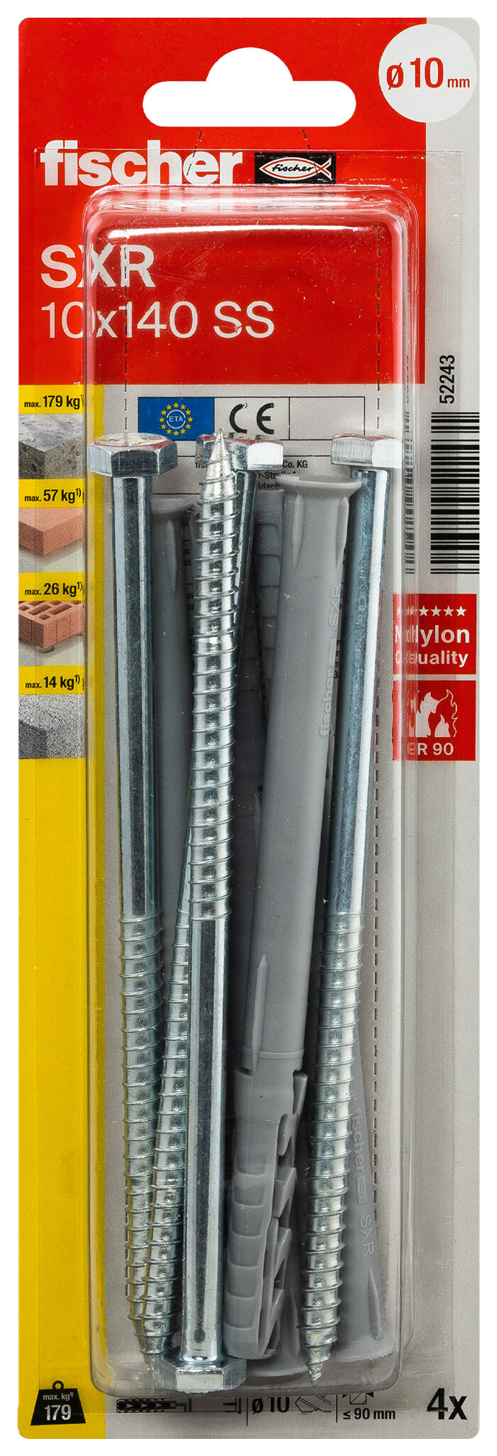 Packaging: "fischer Frame fixing SXR 10 x 140 SS K with hexagonal screw"