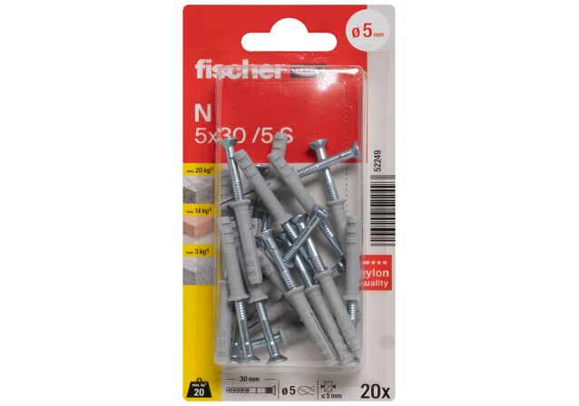 Verpackung: "fischer Nageldübel N 5 x 30 / 5 S mit Schraube"