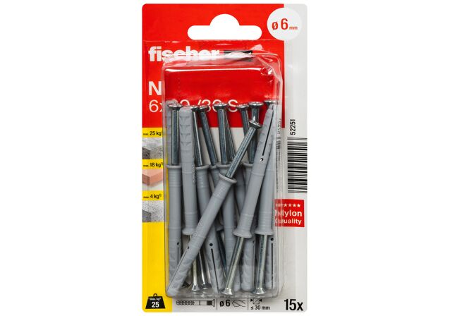Verpackung: "fischer Nageldübel N 6 x 60 / 30 S mit Schraube"
