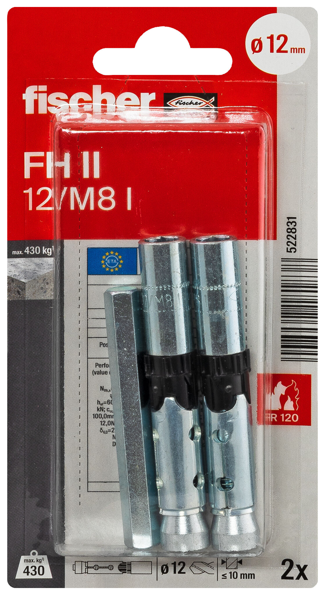Packaging: "fischer High performance anchor FH II 12/M8 I with internal thread SB-card"