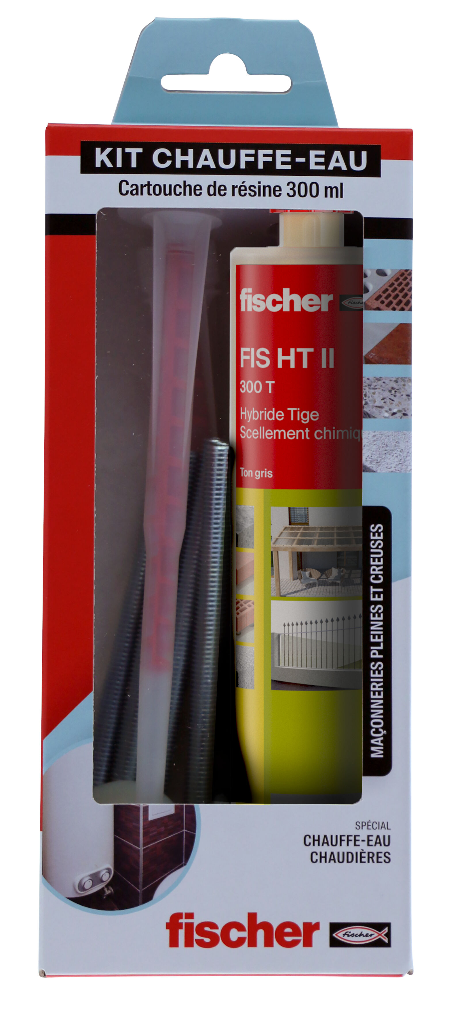 Packaging: "Kit scellement chimique spécial chauffe-eau / Cartouche de résine FIS HT II de 300 ml ton gris, avec embouts mélangeurs, tamis, tiges filetées et écrous"