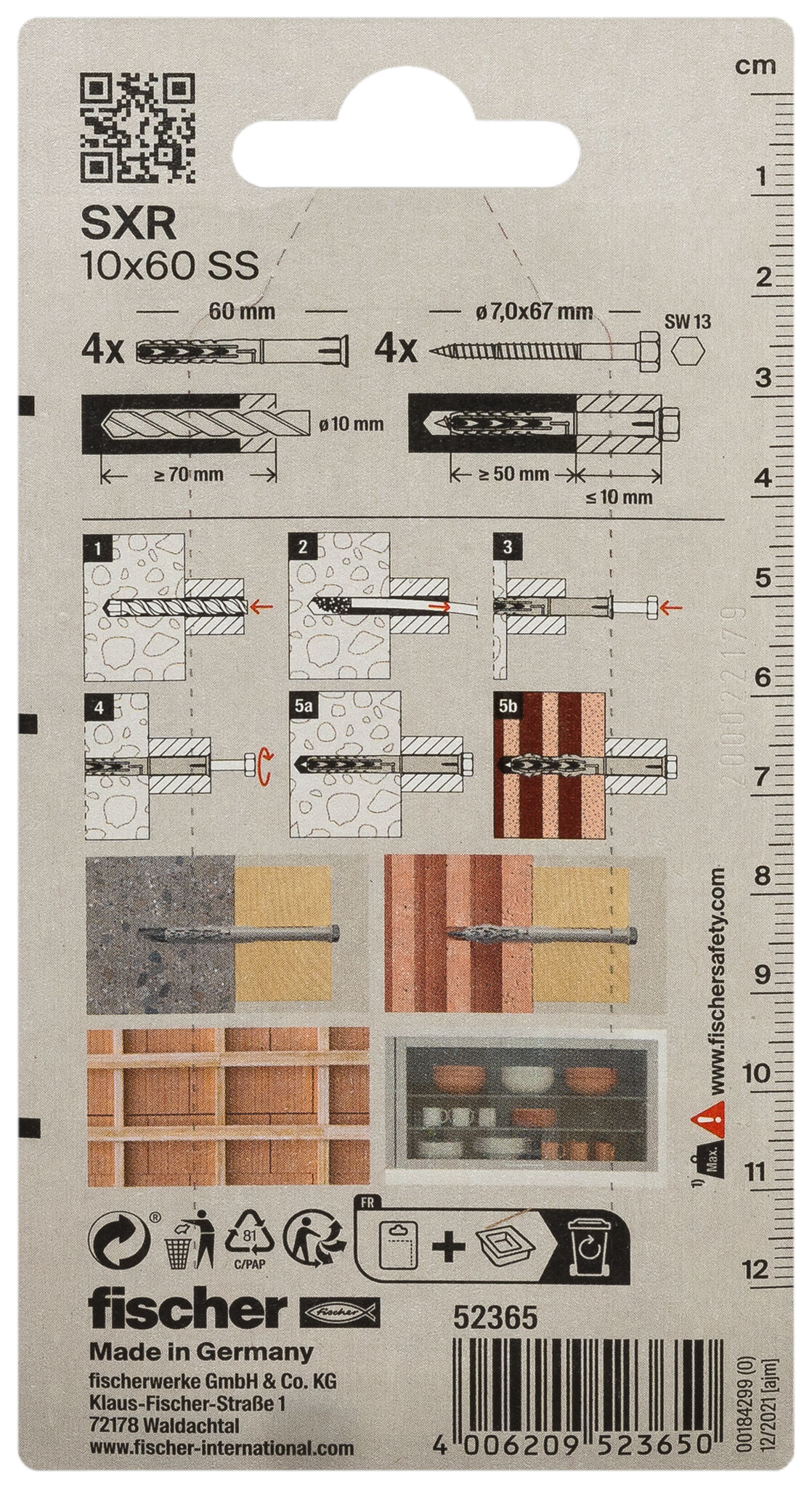 Packaging: "fischer Frame fixing SXR 10 x 60 SS K with hexagonal screw"