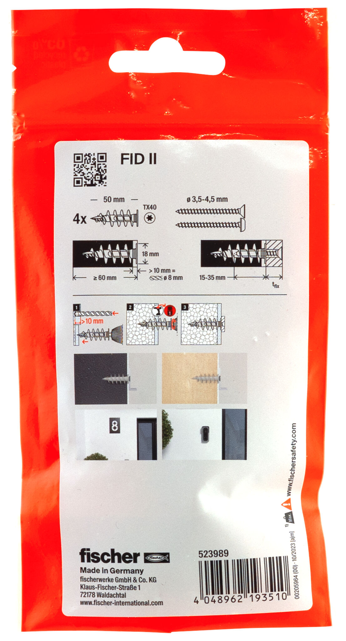 Packaging: "Cheville nylon FID II 4B pour fixation dans panneaux d'isolant PSE et PU / Sachet de 4"