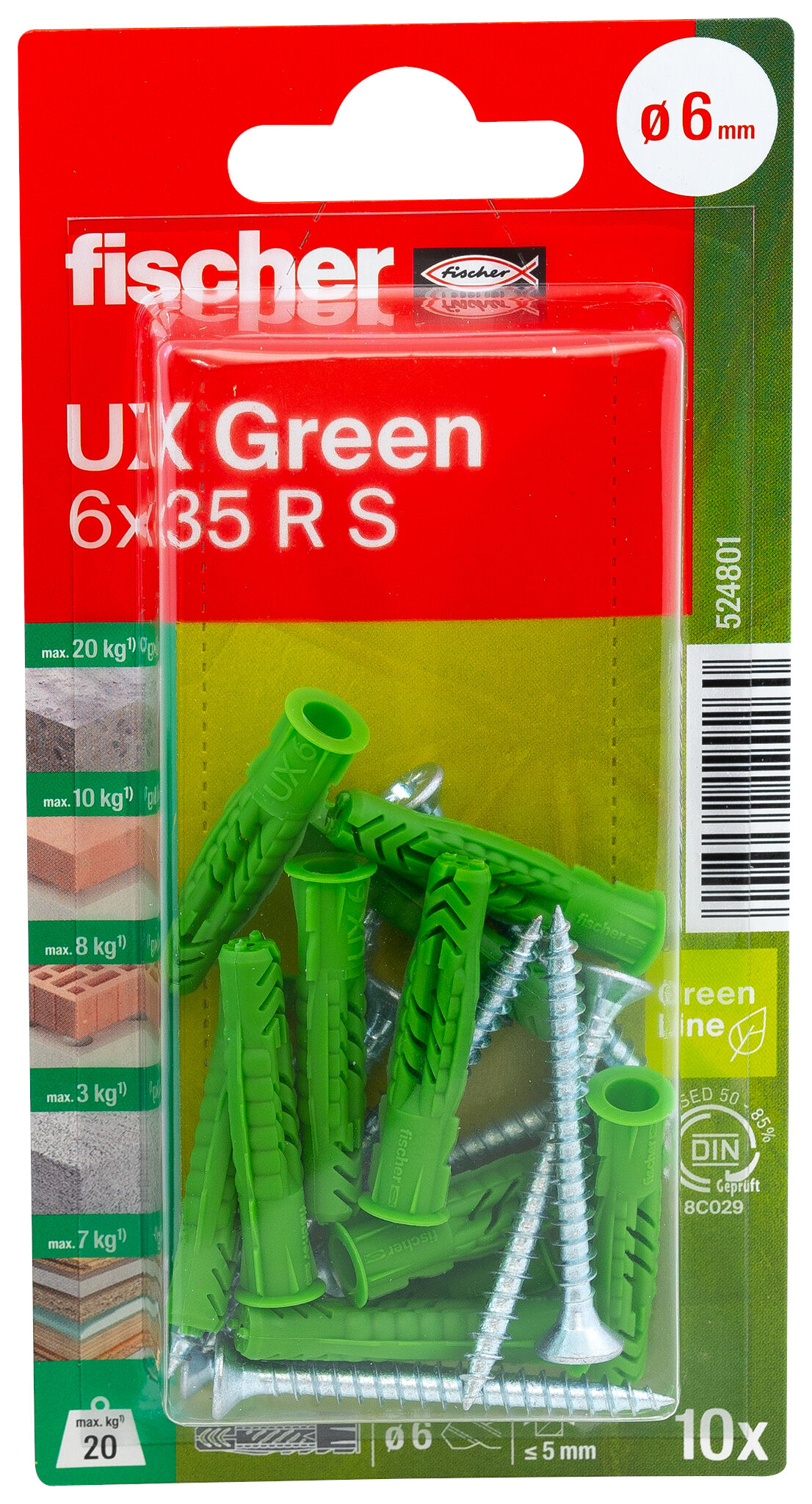 Verpackung: "fischer Universaldübel UX Green 6 x 35 R S mit Rand und Schraube"