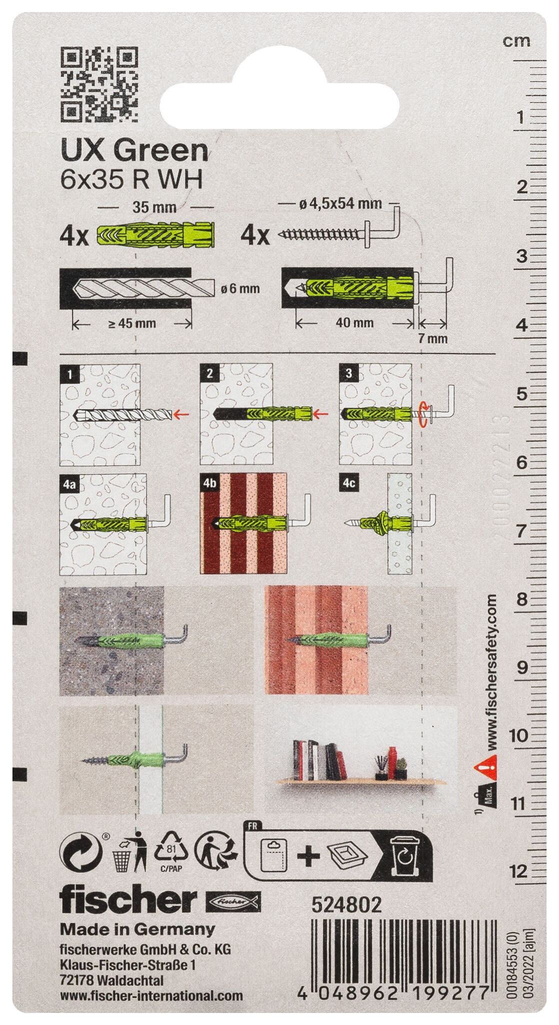 Verpackung: "fischer Universaldübel UX Green 6 x 35 R WH mit Rand, Winkelhaken"
