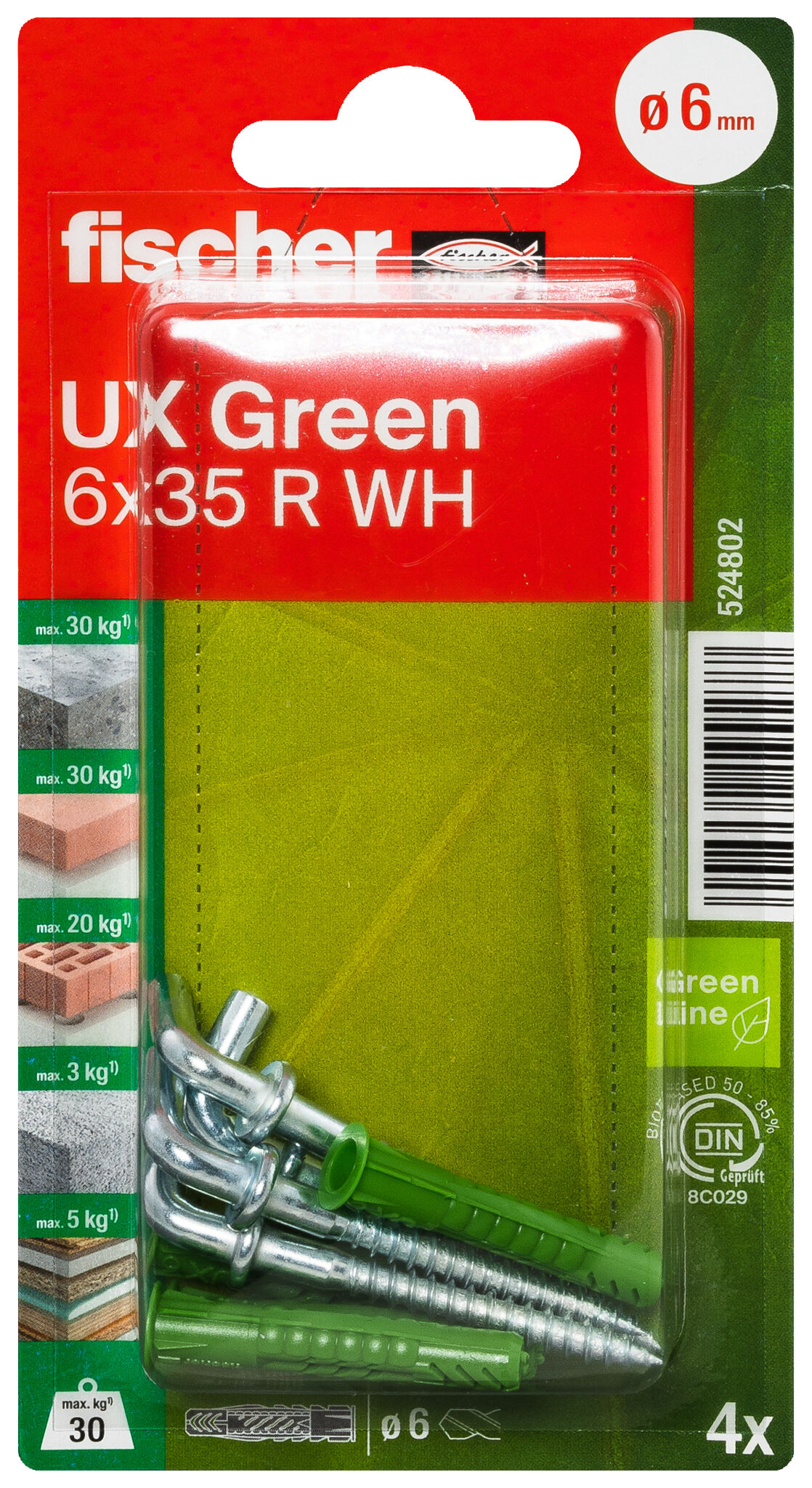 Verpackung: "fischer Universaldübel UX Green 6 x 35 R WH mit Rand, Winkelhaken"